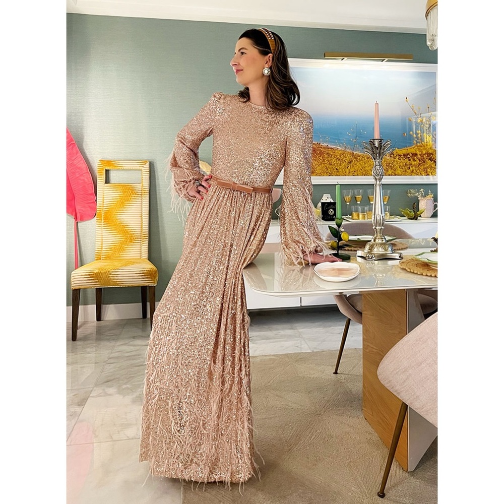 NWT Antonio Melani Nicola Bathie Sequin Feather Maxi Dress Rose Gold